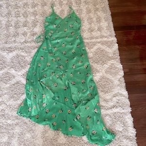 Green Satin Floral Wrap Dress